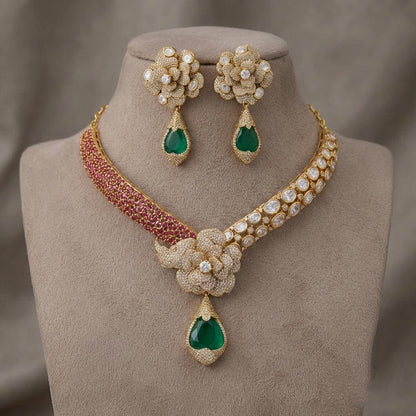 Indian Bridal Kundan Necklace Set | Ruby Red Moissanite Floral Statement Jewelry