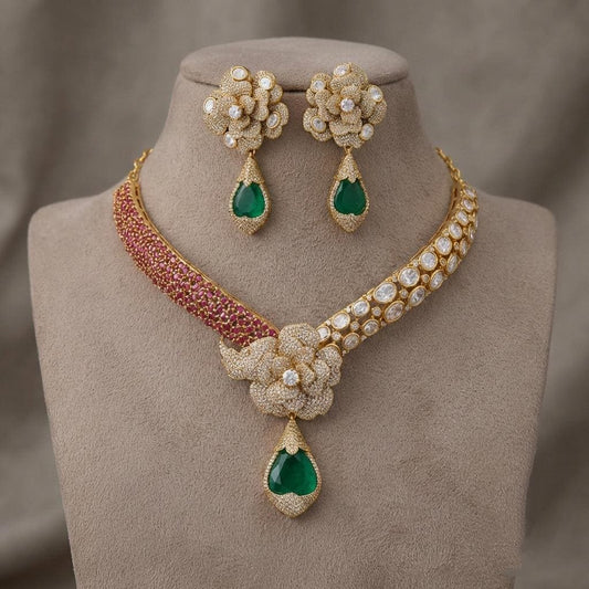 Indian Bridal Kundan Necklace Set | Ruby Red Moissanite Floral Statement Jewelry