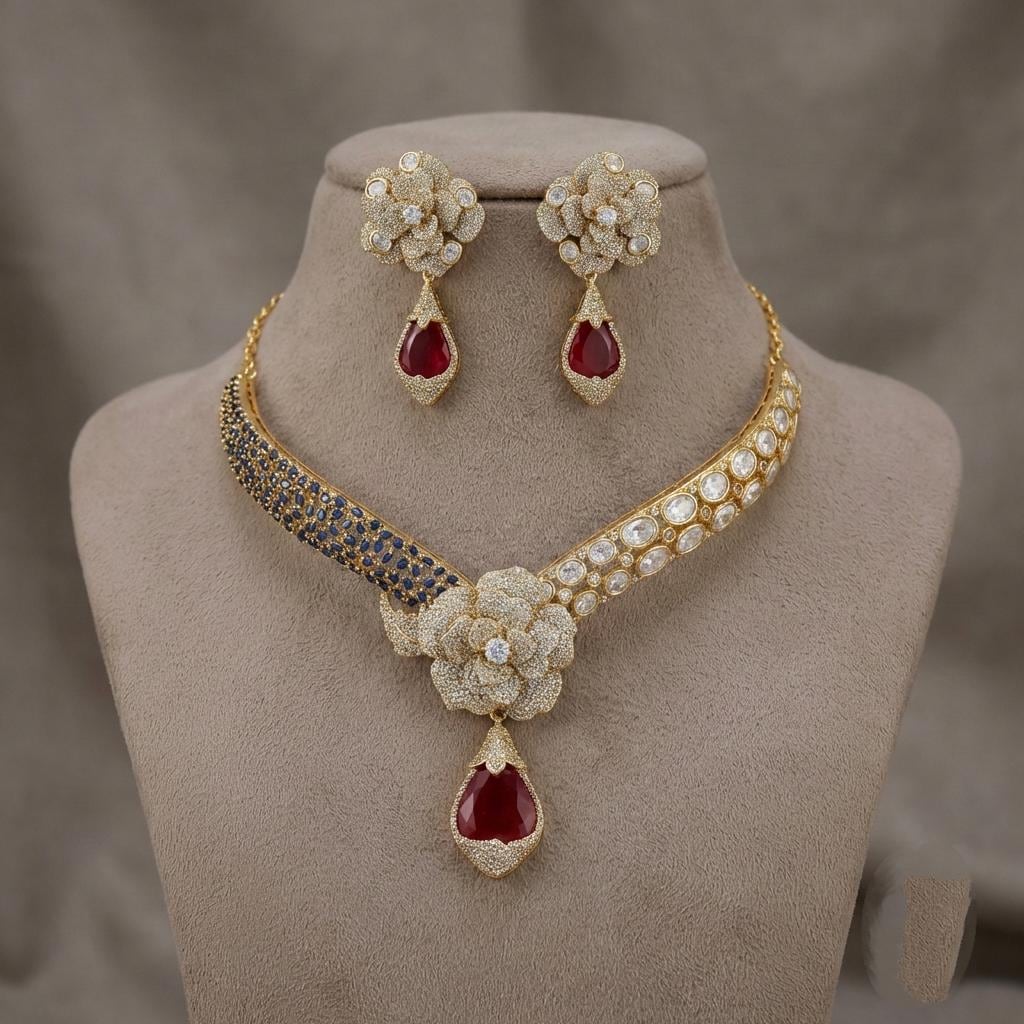 Indian Bridal Kundan Necklace Set | Ruby Red Moissanite Floral Statement Jewelry