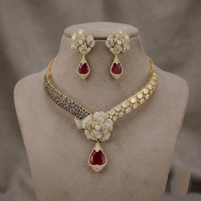 Indian Bridal Kundan Necklace Set | Ruby Red Moissanite Floral Statement Jewelry