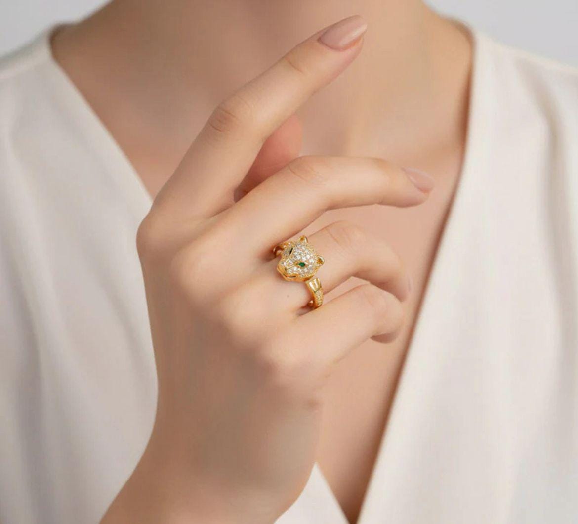 18K Gold Plated Jaguar Head Ring | Crystal Emerald Eyes Statement Ring