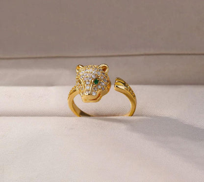 18K Gold Plated Jaguar Head Ring | Crystal Emerald Eyes Statement Ring