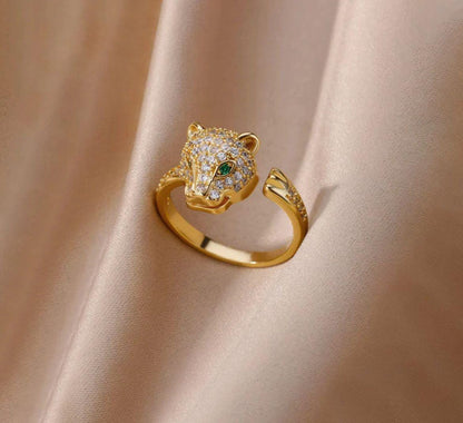 18K Gold Plated Jaguar Head Ring | Crystal Emerald Eyes Statement Ring