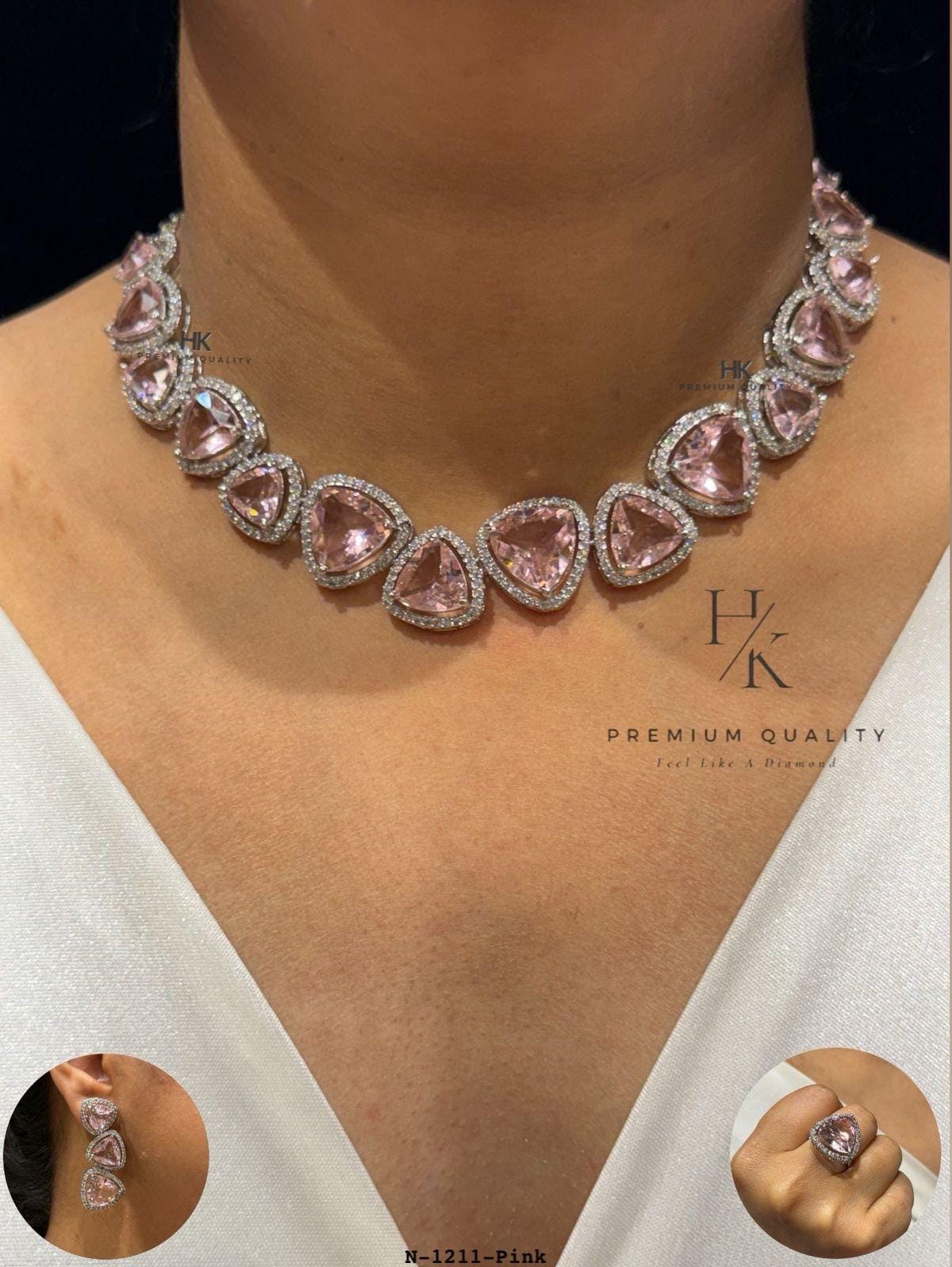 Blush Pink Crystal Choker Necklace Set, Heart Shape Bridal Jewelry, American Diamond Wedding Earrings