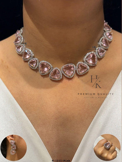 Blush Pink Crystal Choker Necklace Set, Heart Shape Bridal Jewelry, American Diamond Wedding Earrings