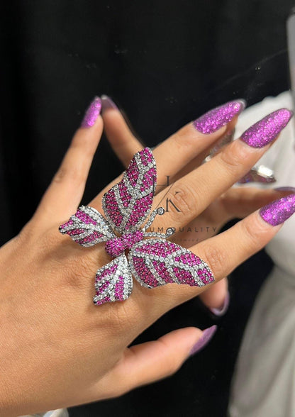 Oversized Butterfly Ring, Green CZ, Adjustable Statement Cocktail Jewelry