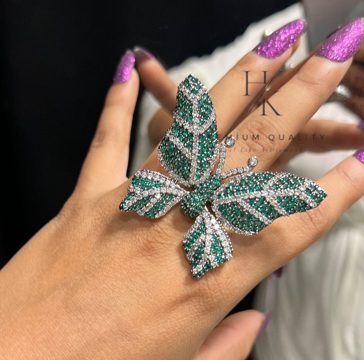 Oversized Butterfly Ring, Green CZ, Adjustable Statement Cocktail Jewelry