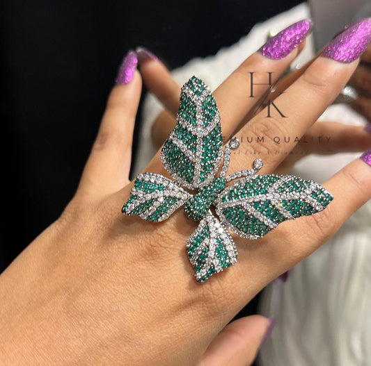 Oversized Butterfly Ring, Green CZ, Adjustable Statement Cocktail Jewelry