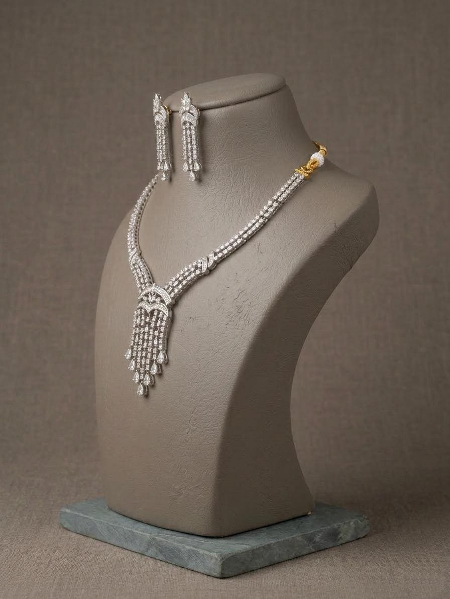 Silver-Tone CZ Bridal Necklace Set, Cascading Pendant Dangle Earrings
