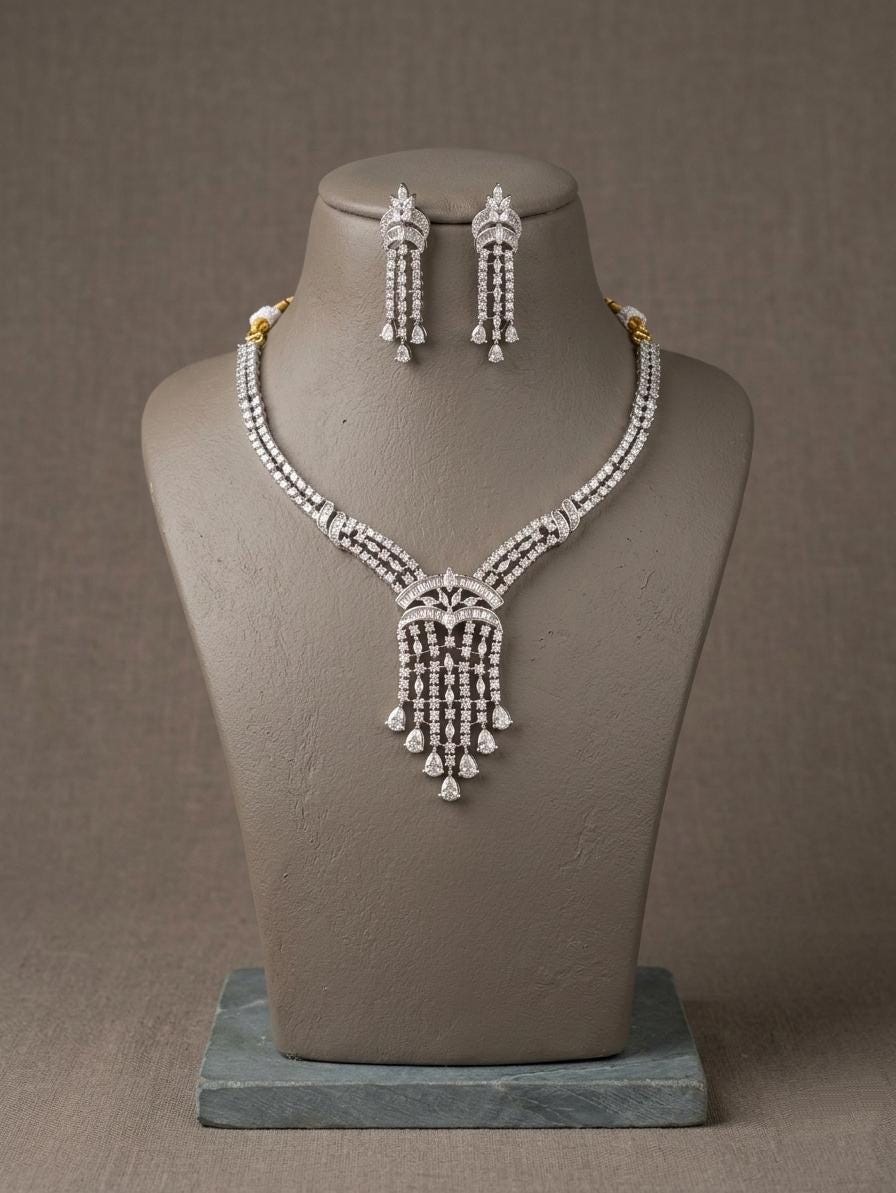 Silver-Tone CZ Bridal Necklace Set, Cascading Pendant Dangle Earrings