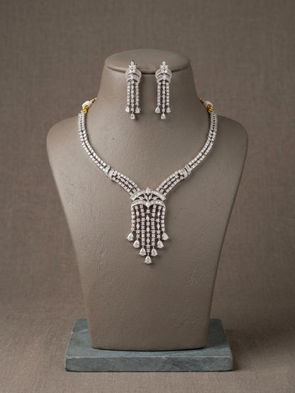 Silver-Tone CZ Bridal Necklace Set, Cascading Pendant Dangle Earrings