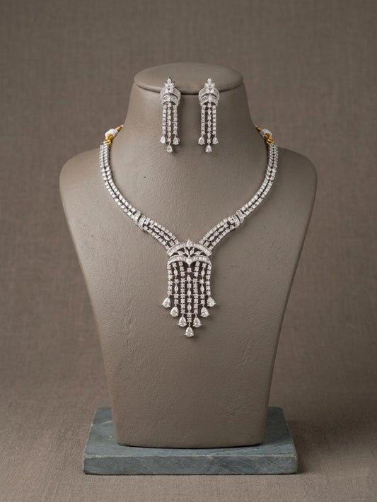 Silver-Tone CZ Bridal Necklace Set, Cascading Pendant Dangle Earrings