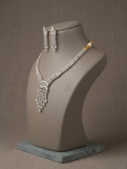 Silver-Tone CZ Bridal Necklace Set, Cascading Pendant Dangle Earrings