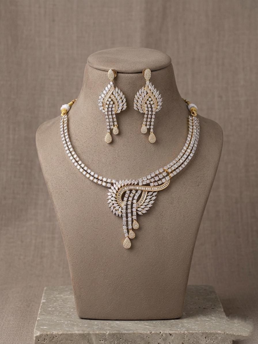 Gold Plated American Diamond Necklace Set, Bridal CZ Wedding Jewelry with Earrings