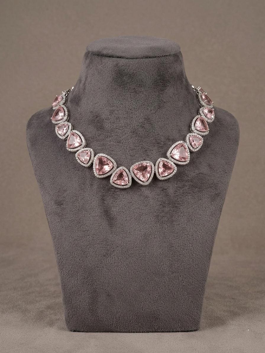 Blush Pink Crystal Choker Necklace Set, Heart Shape Bridal Jewelry, American Diamond Wedding Earrings