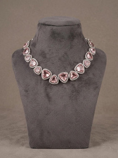 Blush Pink Crystal Choker Necklace Set, Heart Shape Bridal Jewelry, American Diamond Wedding Earrings