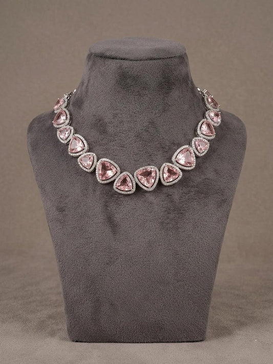 Blush Pink Crystal Choker Necklace Set, Heart Shape Bridal Jewelry, American Diamond Wedding Earrings