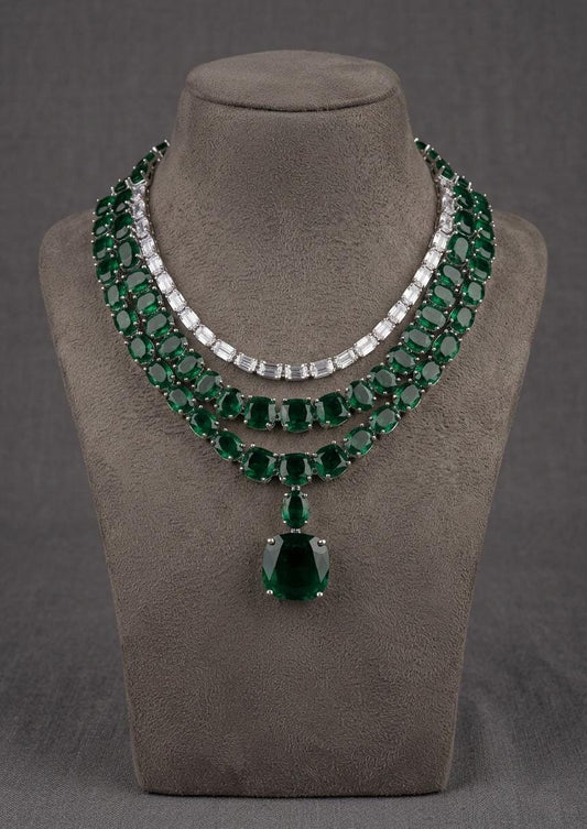 Layered Necklace Set, American Diamond Bridal Jewelry, Statement Wedding Party Set