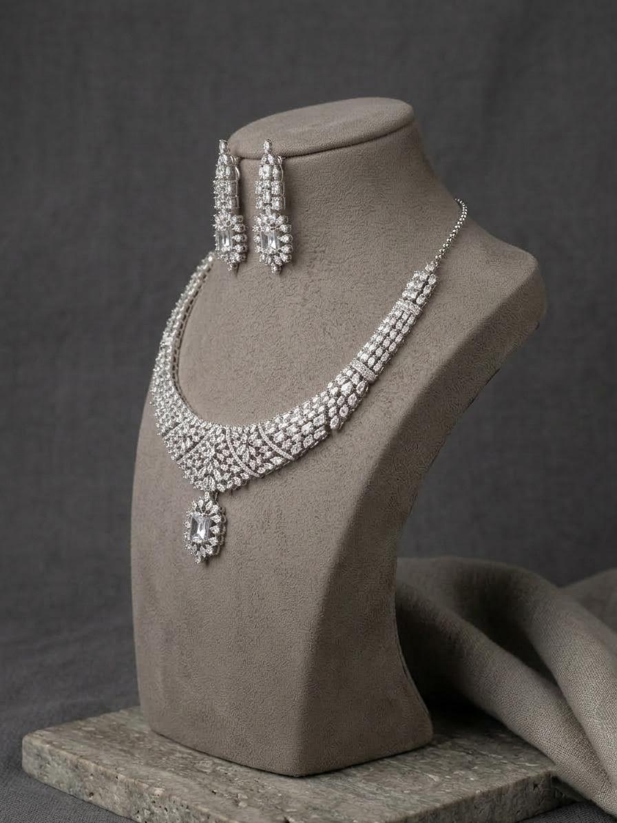 American Diamond Bridal Necklace Set, Statement Choker Crystal Wedding Jewelry