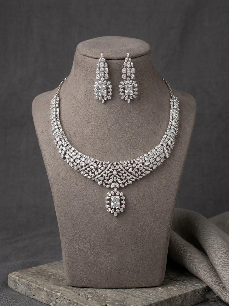 American Diamond Bridal Necklace Set, Statement Choker Crystal Wedding Jewelry