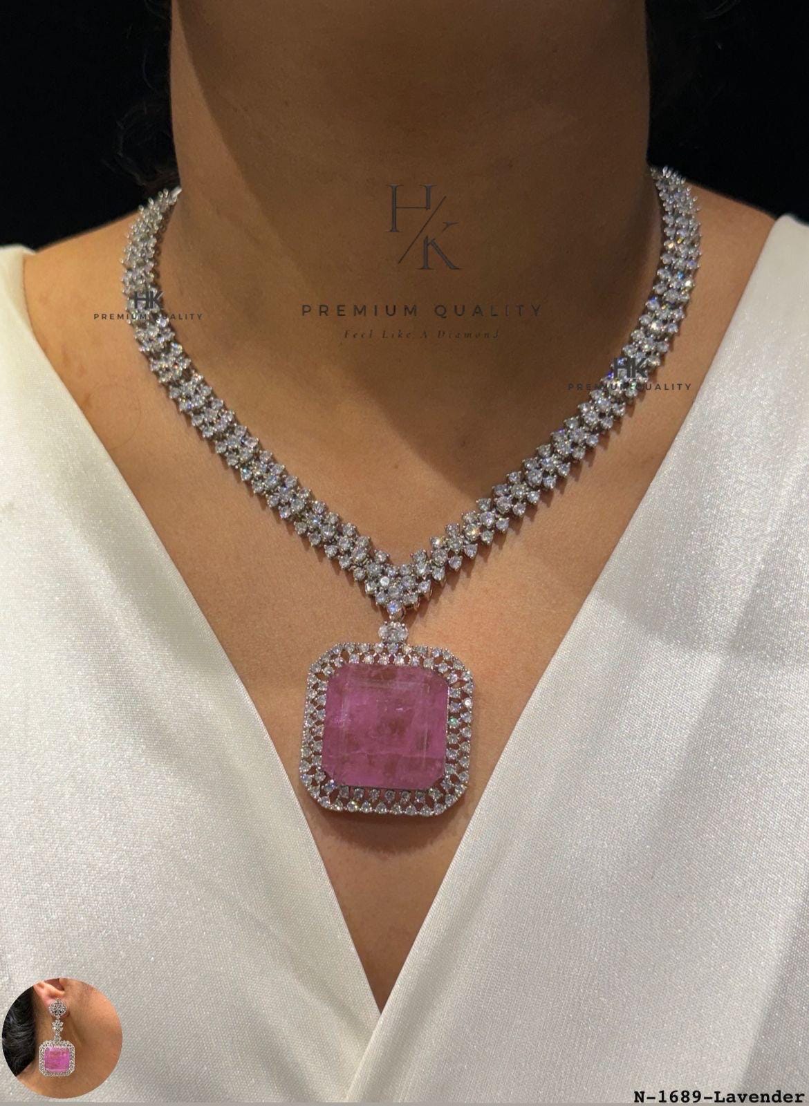Lavender Pink Statement Necklace Set, Cushion Cut Crystal Bridal Jewelry