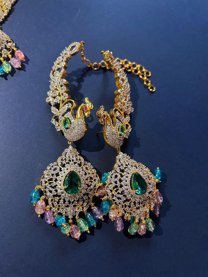 Peacock Bridal Choker Necklace Set, Multicolor CZ Indian Wedding Jewelry