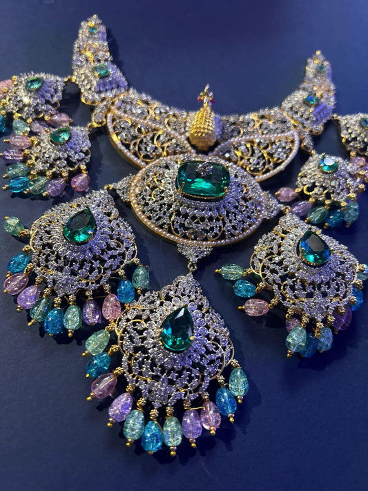 Peacock Bridal Choker Necklace Set, Multicolor CZ Indian Wedding Jewelry