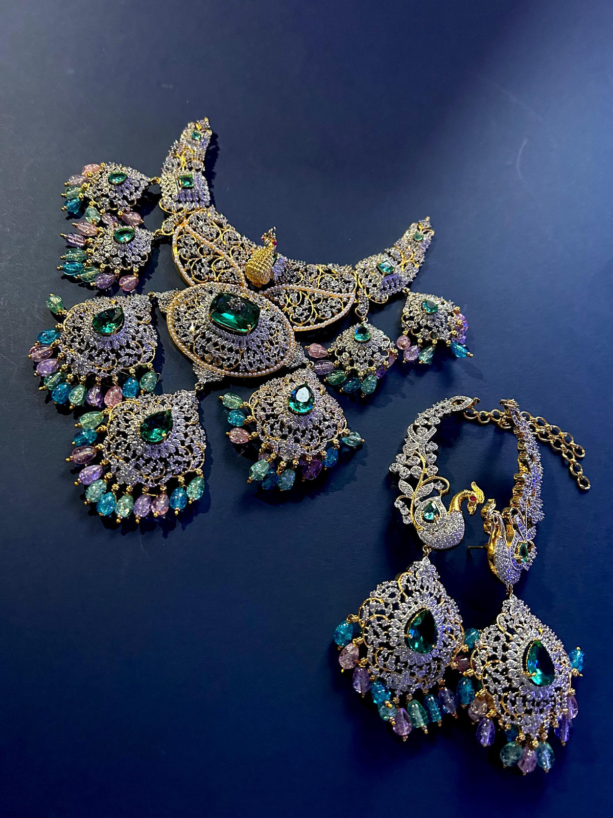 Peacock Bridal Choker Necklace Set, Multicolor CZ Indian Wedding Jewelry