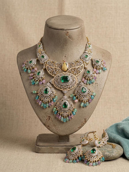 Peacock Bridal Choker Necklace Set, Multicolor CZ Indian Wedding Jewelry