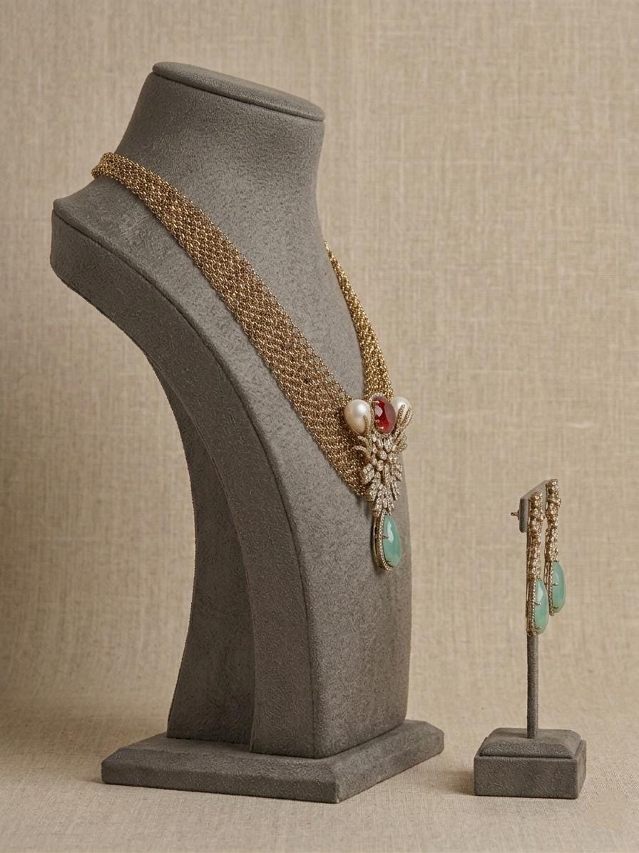 Vintage Gold Statement Necklace Set, Purple Drop CZ Choker with Earrings