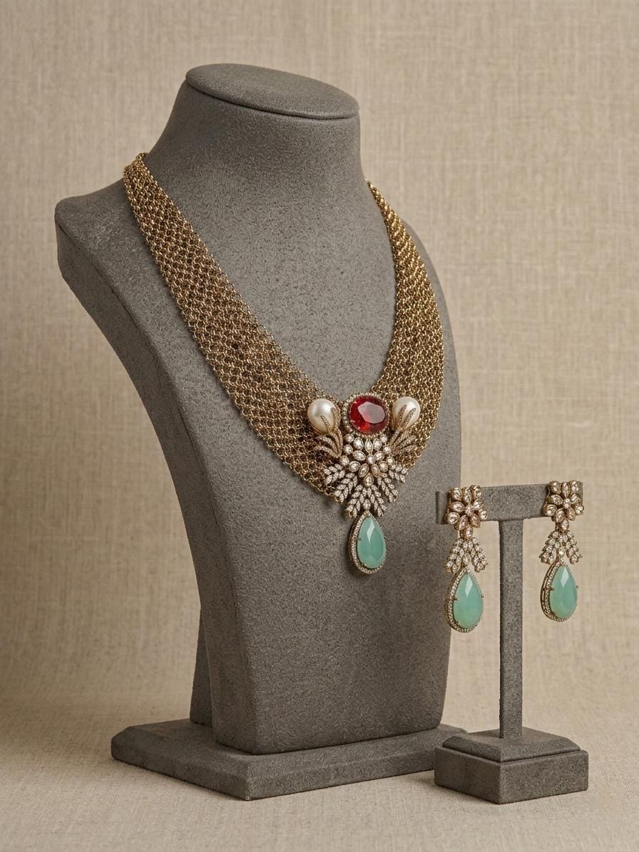 Vintage Gold Statement Necklace Set, Purple Drop CZ Choker with Earrings