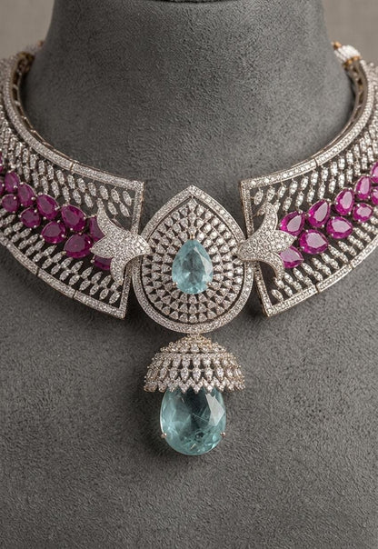 Aqua Blue CZ Choker Necklace Set, Pink Stone Bridal Jewelry, Statement Wedding Accessories