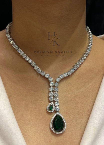Crystal Tennis Necklace, Peach Teardrop Pendant, Bridal Y Drop Statement Jewelry