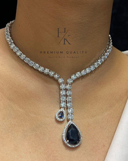 Crystal Tennis Necklace, Peach Teardrop Pendant, Bridal Y Drop Statement Jewelry