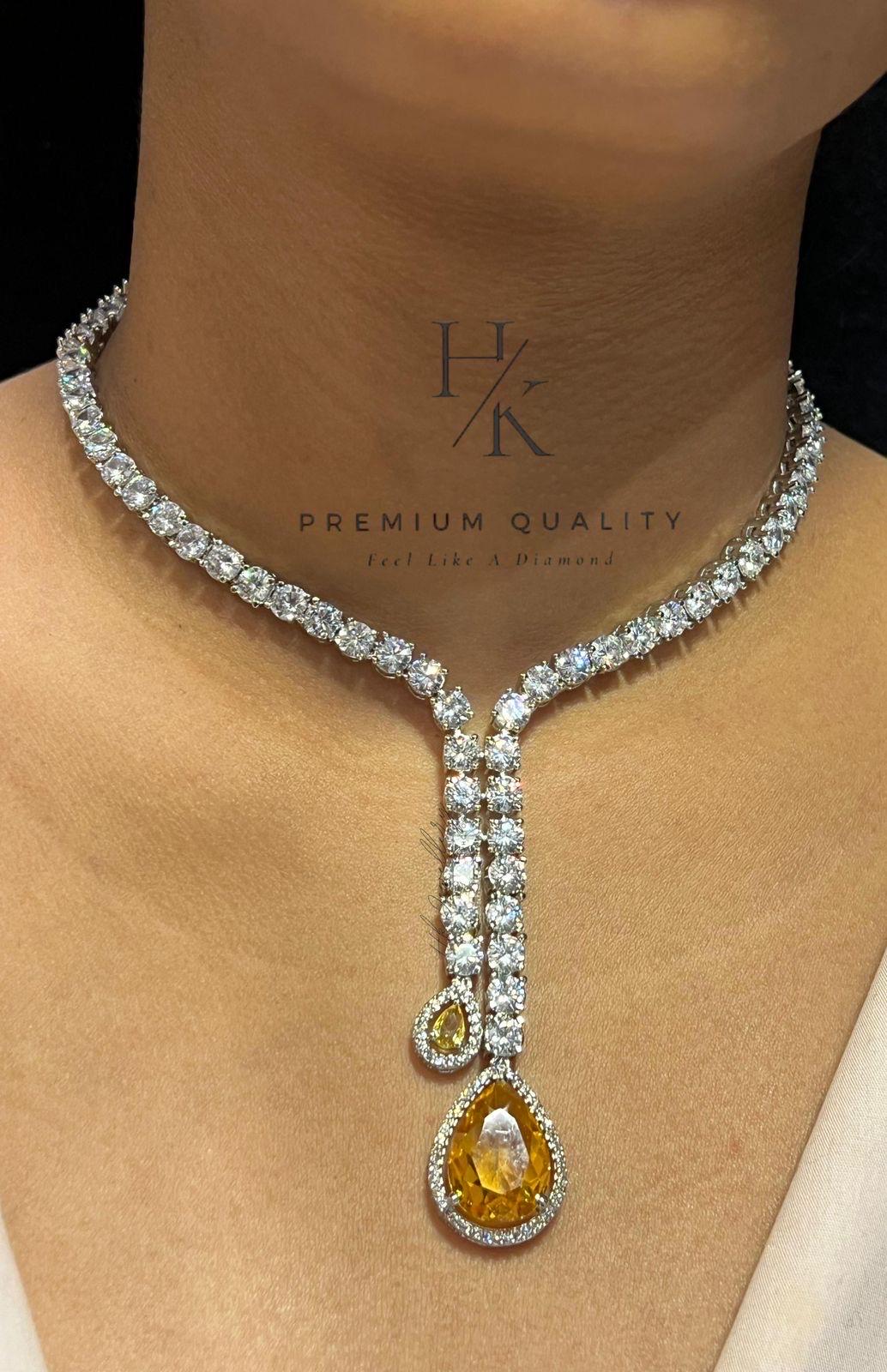 Crystal Tennis Necklace, Peach Teardrop Pendant, Bridal Y Drop Statement Jewelry