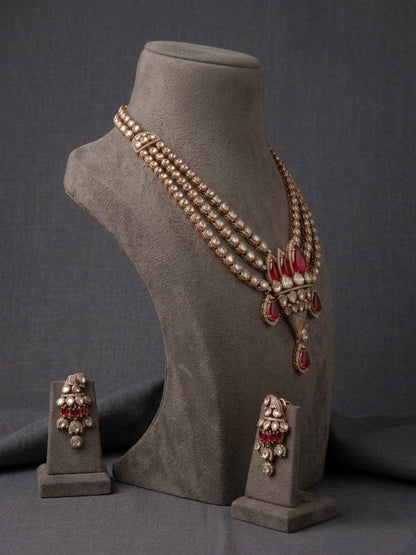 Kundan Pearl Bridal Choker Necklace Set, Red Stone Indian Wedding Jewelry