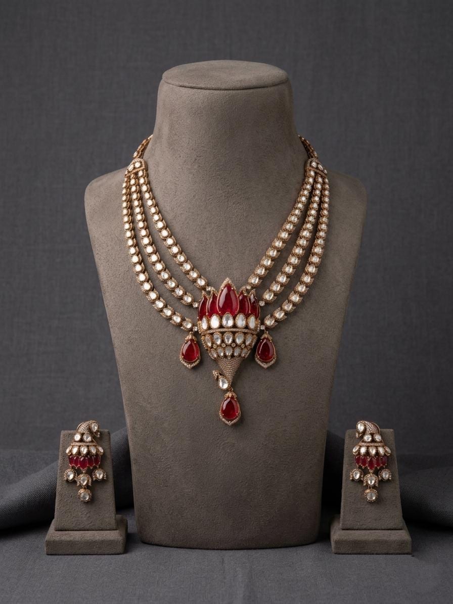 Kundan Pearl Bridal Choker Necklace Set, Red Stone Indian Wedding Jewelry