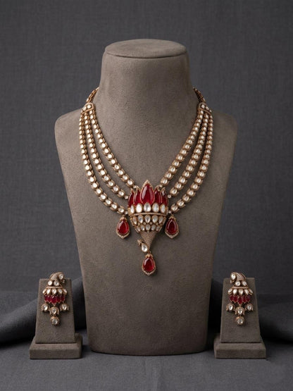Kundan Pearl Bridal Choker Necklace Set, Red Stone Indian Wedding Jewelry