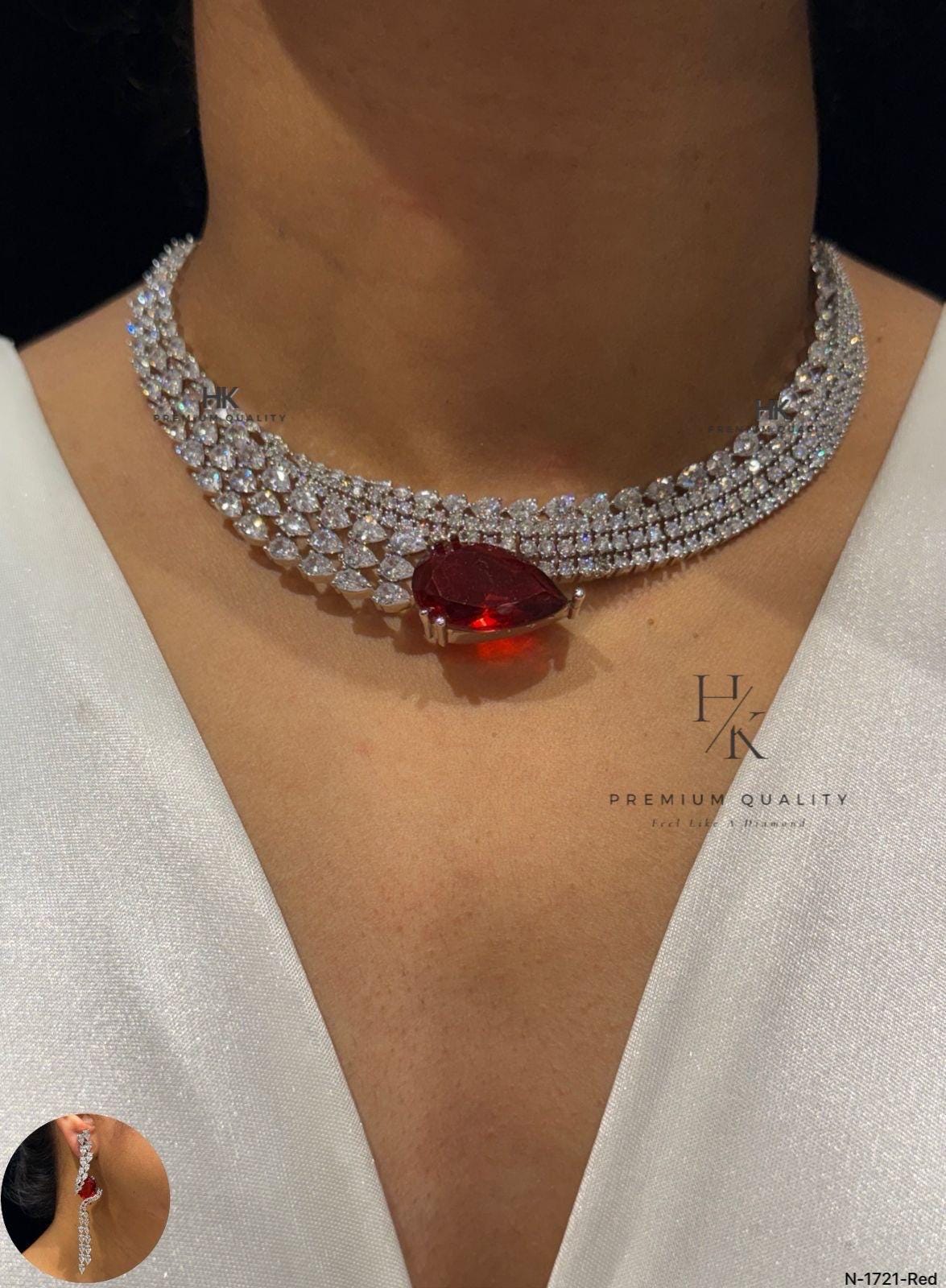 Red CZ Bridal Necklace Choker Set, Dangle Earrings, Silver Statement Jewelry