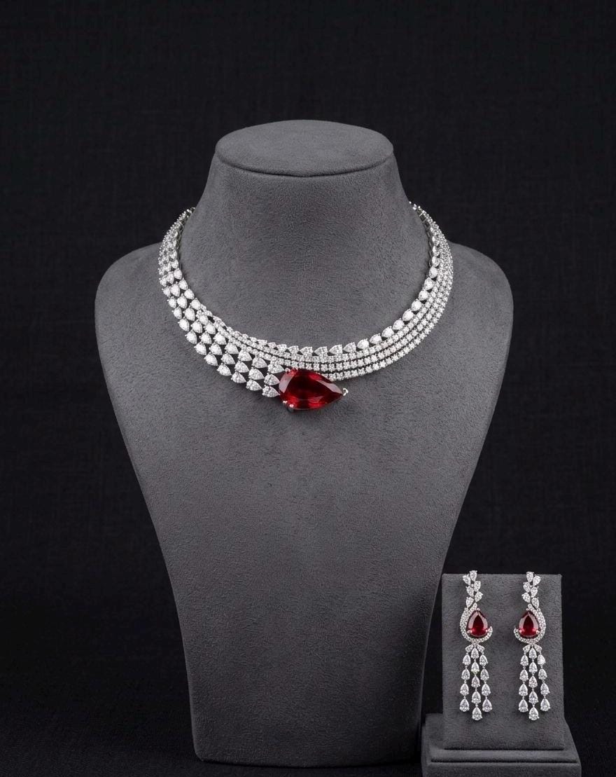Red CZ Bridal Necklace Choker Set, Dangle Earrings, Silver Statement Jewelry