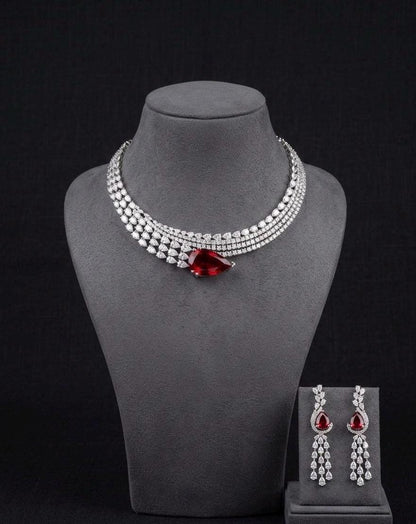 Red CZ Bridal Necklace Choker Set, Dangle Earrings, Silver Statement Jewelry