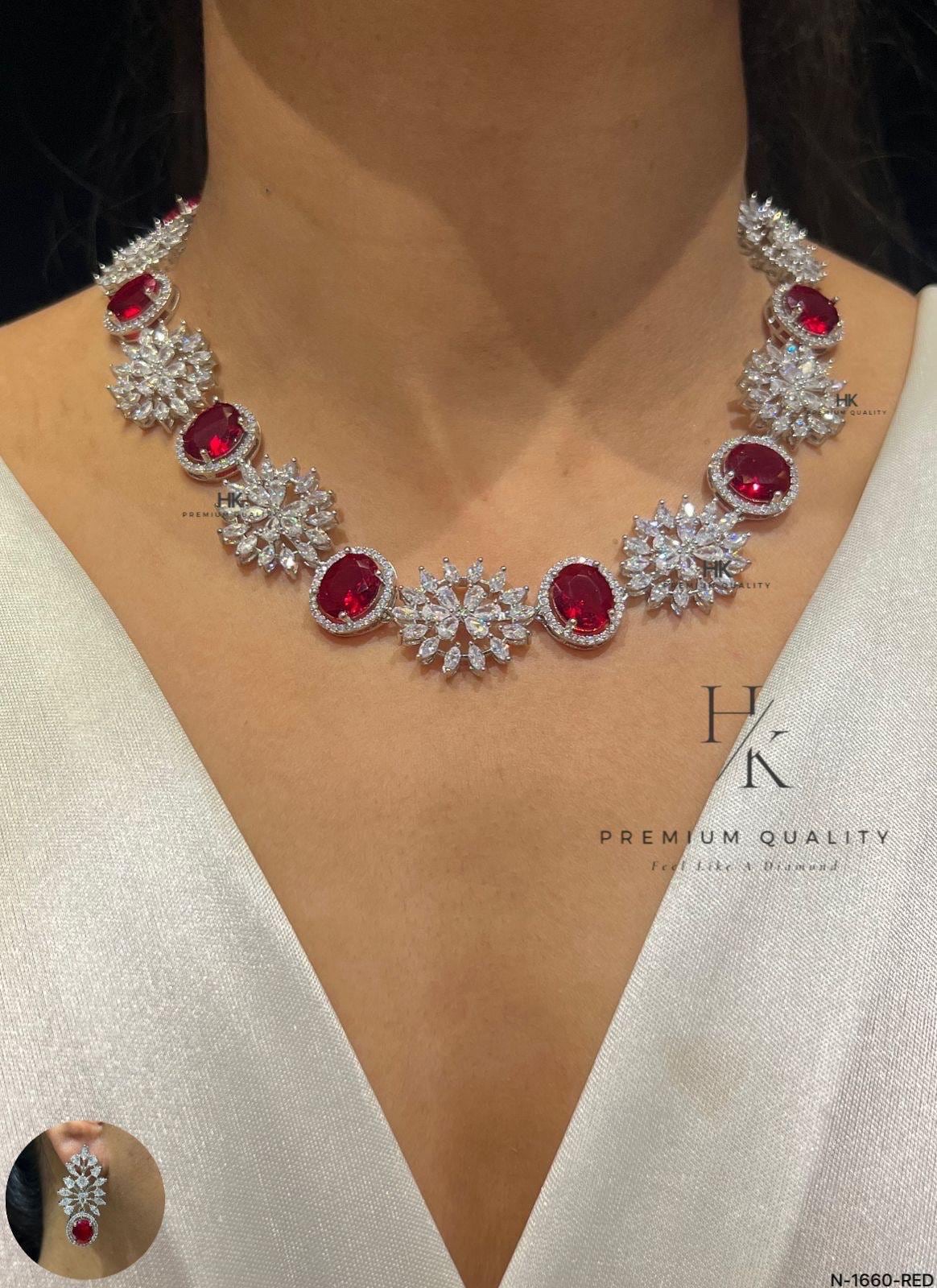 Ruby Red Crystal Statement Necklace Set, American Diamond Bridal Jewelry, Floral Party Earrings