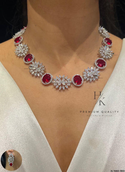 Ruby Red Crystal Statement Necklace Set, American Diamond Bridal Jewelry, Floral Party Earrings