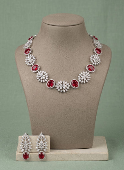 Ruby Red Crystal Statement Necklace Set, American Diamond Bridal Jewelry, Floral Party Earrings