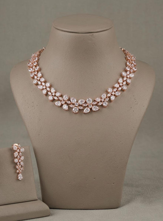 Floral American Diamond Necklace Set, Crystal Bridal Jewelry, Wedding Earrings, Silver Tone Flower Statement