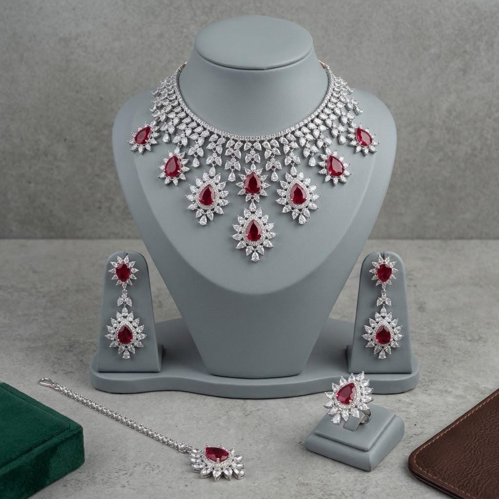 CZ Bridal Jewelry Set, American Diamond Necklace Earrings Ring Bracelet, Statement Wedding Jewelry