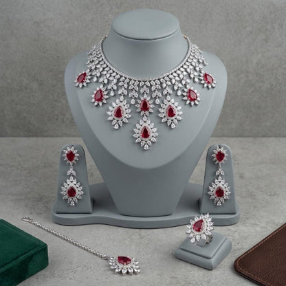 CZ Bridal Jewelry Set, American Diamond Necklace Earrings Ring Bracelet, Statement Wedding Jewelry
