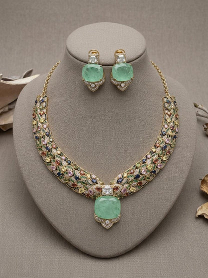 Multicolor CZ Bridal Necklace Set, Statement Jewelry, Luxury Wedding Necklace with Earrings