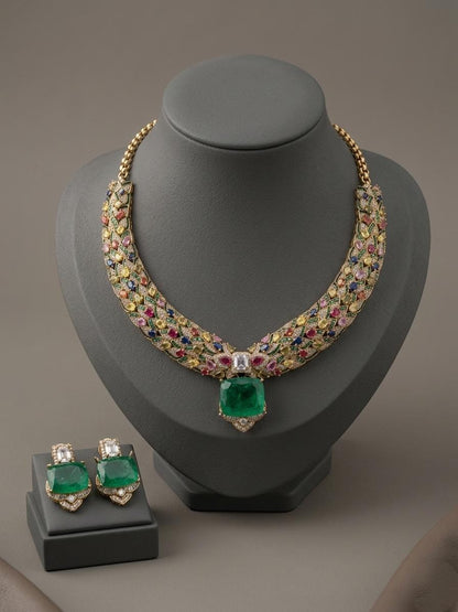 Multicolor CZ Bridal Necklace Set, Statement Jewelry, Luxury Wedding Necklace with Earrings