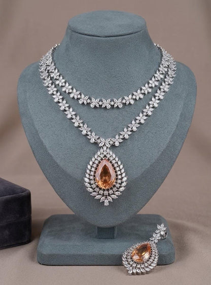 CZ Bridal Necklace Set, Double Layer Floral Crystal Pendant, Luxury Wedding Jewelry